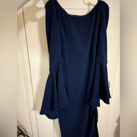 Navy midi dress off the shoulder with bell sleeve and slit - Picture 3 of 8